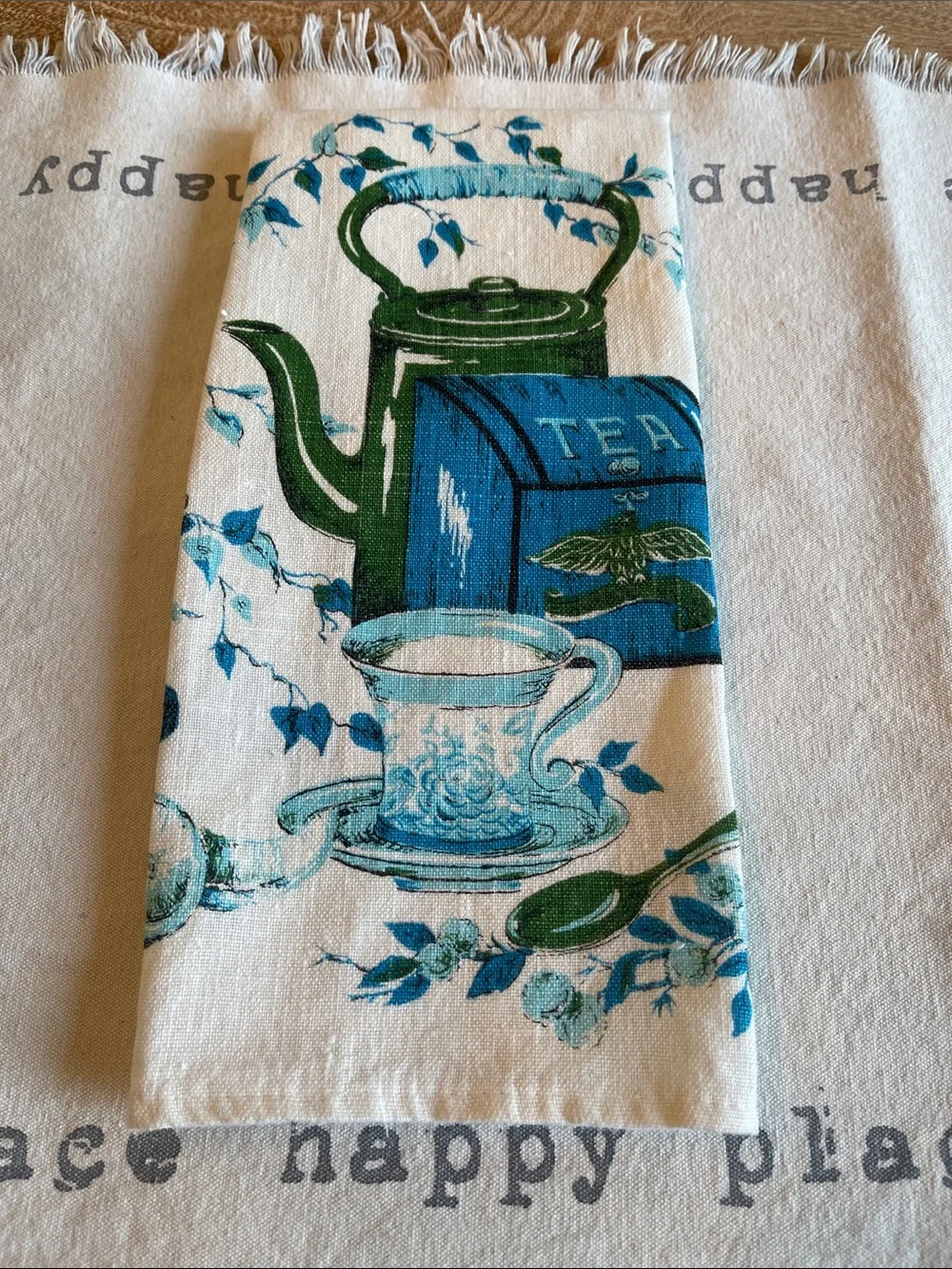 Vintage Tea Time Kitchen Tea Towel - Blue & Green